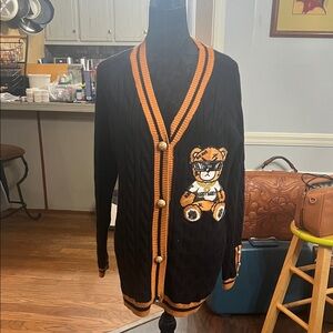 Stylish Black and Orange Cardigan with Bear Motif